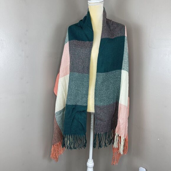 Unisex Multicolored Plaid Acrylic Fringe Scarf 70” x 24” Inches - Picture 5 of 16